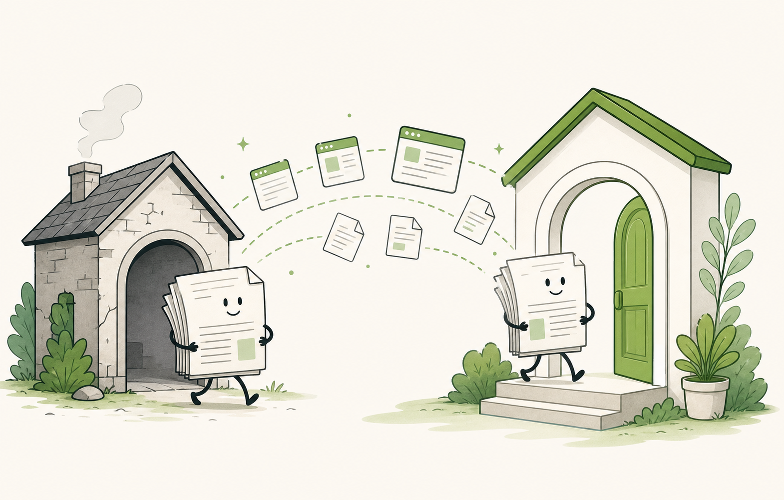 Illustration of wiki pages moving from an old house to a new green doorway.